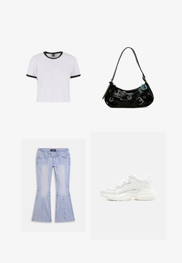 Witte t-shirt met korte mouwen, voorzien van een zwarte geribbelde kraag en mouwmanchetten. Gemaakt van een zachte katoenstof, heeft het een klassieke pasvorm.; Lichtblauwe uitlopende jeans met voor- en achterzakken, dubbele knoopsluiting en zichtbare naadstiksels over het hele kledingstuk.; Witte chunky sneaker met dikke zool, veters aan de voorkant en een glad bovenwerk van synthetisch materiaal met subtiele stikdetails.; Zwarte gepatineerde leren handtas met een gebogen vorm, voorzien van zilveren hardware, decoratieve sluitingen en een korte schouderband. Blauwe label bevestigd.