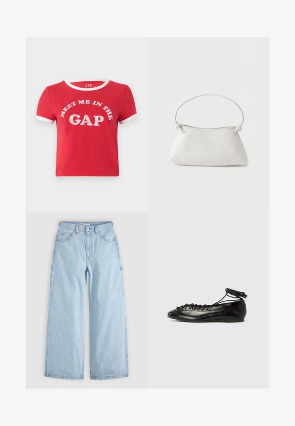 T-shirt en coton rouge à manches courtes, col en ribbed blanc et accents sur les manches. Présente un texte graphique "RENCONTRONS-NOUS DANS L'ESPACE" en blanc.; Jean en denim bleu clair à jambes larges avec poches avant, passants de ceinture et boucles latérales pour outils, posé à plat sur un fond gris.; Ballerines en cuir verni noir avec un bout rond, un design à lacets et une semelle plate. Texture lisse avec peu de détails.; Sac à main en cuir tressé blanc avec poignée arrondie et extrémités de lanière nouées, présenté sur un fond uni.