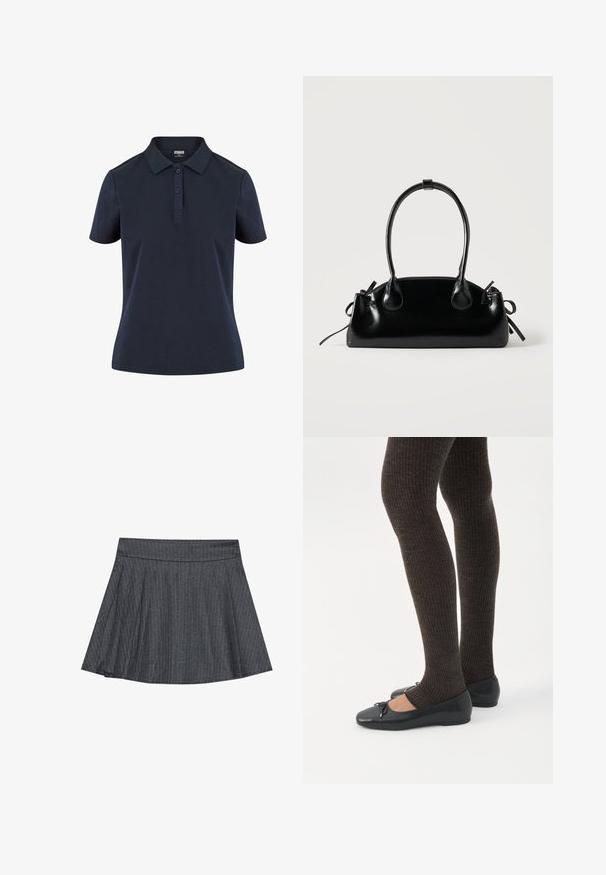 Marineblauwe poloshirt van zachte stof, met een klassieke kraag, een drie-knopen placket en korte mouwen met een ontspannen pasvorm.; Grijze pinstriped skaterrok met een aansluitende tailleband, uitlopende A-lijnvorm en zachte stoftextuur. Verticale lijnen vergroten de visuele belangstelling.; Benen met donkere geribbelde leggings gecombineerd met zwarte ballerina's met kleine strikdetails op een witte achtergrond.; Kleine zwarte glanzende handtas met twee lange hengsels en zijkant trekkoord details op een effen lichte achtergrond.