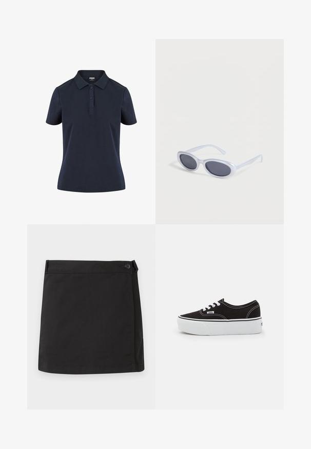 Camisa polo azul marino hecha de tejido suave, con un cuello clásico, tapeta de tres botones y mangas cortas con un corte relajado.; Minifalda negra de algodón con cierre lateral de botones y dobladillo recto, mostrada extendida sobre un fondo blanco.; Zapatilla de lona negra con suela de plataforma de goma blanca, que presenta cordones y costuras blancas, con branding icónico en el lateral, diseño de corte bajo.; Gafas de sol ovaladas con montura blanca y lentes tintadas oscuras descansando sobre una superficie blanca.