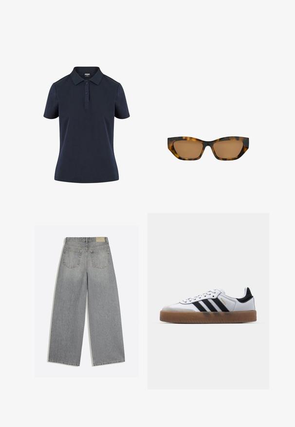 Marineblauwe poloshirt van zachte stof, met een klassieke kraag, een drie-knopen placket en korte mouwen met een ontspannen pasvorm.; Grijze wijde denim jeans met achterkant met twee zakken en riemlussen plat op een witte achtergrond gelegd.; Witte leren sneakers met zwarte strepen, gumrubberen buitenzool, ronde neus, vetersluiting en een zachte grijze suède neuskap.; Rechthoekige schildpadzonnebril met licht cat-eye gevormde bruin getinte glazen en een glanzende afwerking.