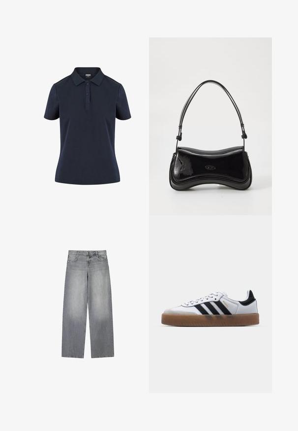 Mørkeblå polo shirt lavet af blødt stof, med klassisk krave, tre-knaps placket og korte ærmer med en afslappet pasform.; Bredde-grå denim jeans med en let falmet finish, der har fem lommer, lukning med knap foran og bæltestropper.; Hvide lædersneakers med sorte striber, gummirubber sål, rund tå, snørelukning og blød grå ruskinds tåhætte.; Sort patentlæder håndtaske med en buet form, et enkelt håndtag og en rund bund. Har en subtil logo-detalje på forsiden.