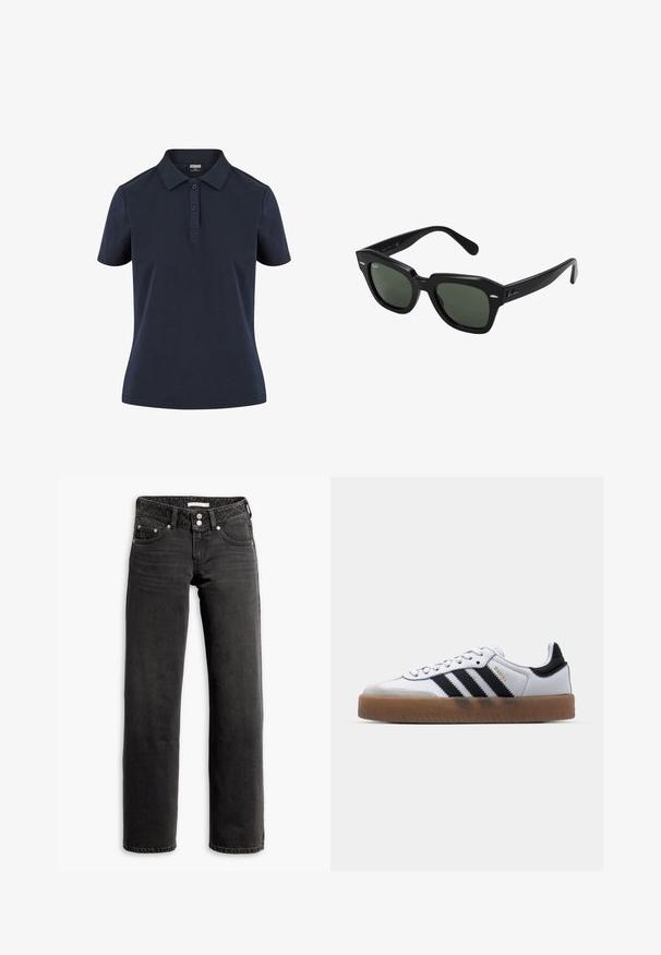 Camisa polo azul marino hecha de tejido suave, con un cuello clásico, tapeta de tres botones y mangas cortas con un corte relajado.; Jeans negros de pierna recta con bolsillos delanteros y traseros, trabillas para cinturón y cierre de doble botón en la cintura.; Zapatillas de cuero blancas con rayas negras, suela de goma, puntera redonda, cierre de cordones y caperuza de ante gris suave.; Gafas de sol cuadradas negras con lentes verde oscuro, con montura audaz y acentos plateados en los laterales. Fabricadas en Italia.