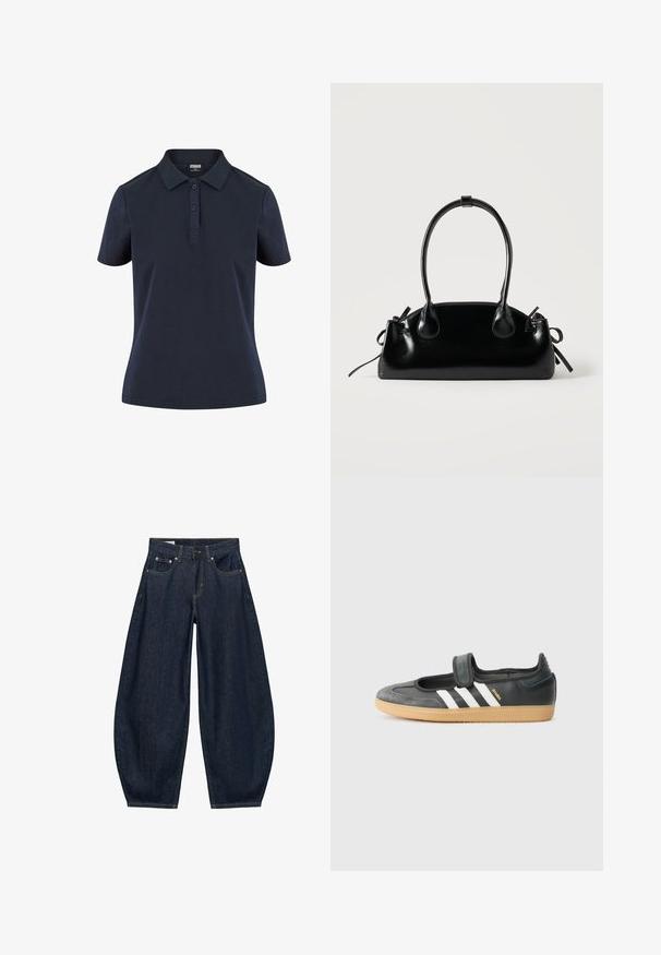 Navyblaue Poloshirt aus weichem Stoff, mit klassischem Kragen, Drei-Knopf-Leiste und kurzen Ärmeln in lässiger Passform.; Dunkelblaue Jeans mit weitem Bein, vorderen Taschen, Gürtelschlaufen und Knopfverschluss in der Taille.; Schwarze Leder- und Wildledersneaker mit einem Klettverschluss, ausgestattet mit drei weißen Streifen und einer Gummisohle, beschriftet mit "SAMBA" an der Seite.; Kleine schwarze glänzende Handtasche mit zwei langen Griffen und seitlichen Kordelzug-Details vor einfachem hellem Hintergrund.