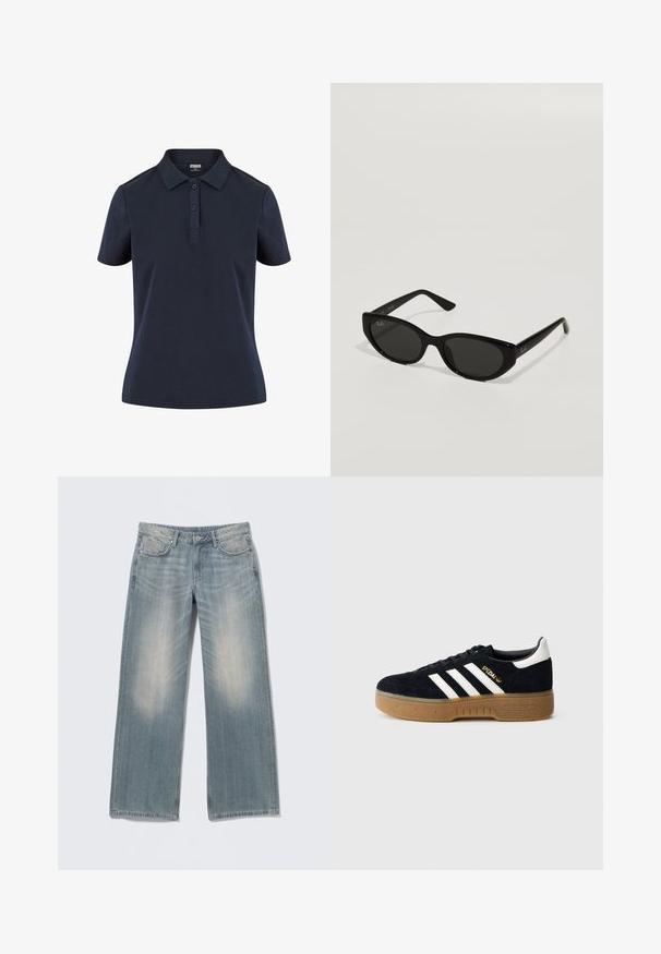 Navyblaue Poloshirt aus weichem Stoff, mit klassischem Kragen, Drei-Knopf-Leiste und kurzen Ärmeln in lässiger Passform.; Hellblaue, weite Jeans mit ausgewaschenem Finish, gefertigt aus Denim. Verfügt über Gürtelschlaufen, Vordertaschen und einen Reißverschluss mit Knopfverschluss.; Schwarzer Wildledersneaker mit weißen drei Streifen und goldfarbenem Logo. Gummisohle mit strukturiertem Grip. Klassisches Low-Top-Design, abgerundete Zehenkappe.; Schwarze Sonnenbrille in schmaler Katzenaugenform. Aus glattem Kunststoff gefertigt, mit dunklen Gläsern und dezenten Logo-Akzenten an den Bügeln.
