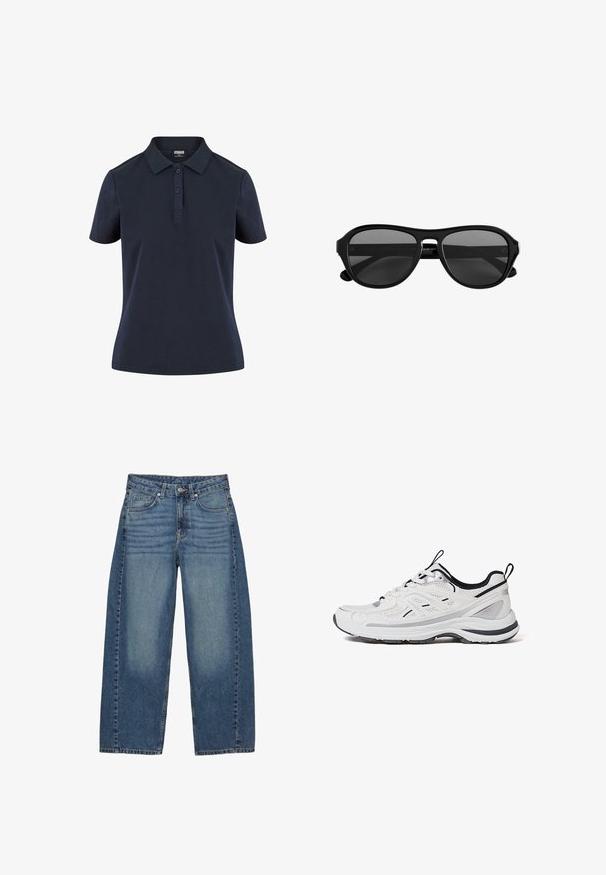 Navyblaue Poloshirt aus weichem Stoff, mit klassischem Kragen, Drei-Knopf-Leiste und kurzen Ärmeln in lässiger Passform.; Weite blaue Jeans aus Denim mit einem klassischen Fünf-Taschen-Design, in einem ausgewaschenen Look und mit tonal abgestimmten Nähten.; Weißer Sportschuh mit schwarzen Akzenten, Mesh-Einsätzen und strukturierter Sohle, von der Seite auf weißem Hintergrund gezeigt.; Schwarze Sonnenbrille mit Kunststoffrahmen, dunkel getönten Gläsern und schmaler Brücke, von vorne vor weißem Hintergrund gezeigt.