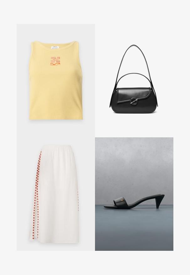 Débardeur jaune à côtes avec un petit logo floral brodé en orange au centre. Design simple, sans manches, avec un col rond.; Jupe blanche avec une taille élastique, ornée d'un motif à carreaux rouges sur un côté. Tissu léger avec une texture lisse.; Sandale à talon ouverte en cuir noir avec un logo doré sur la bride, flottant au-dessus d'une surface extérieure carrelée avec de la verdure en arrière-plan.; Sac à bandoulière en cuir noir avec un rabat incurvé fermé par un fermoir métallique rond et une sangle fine et ajustable.