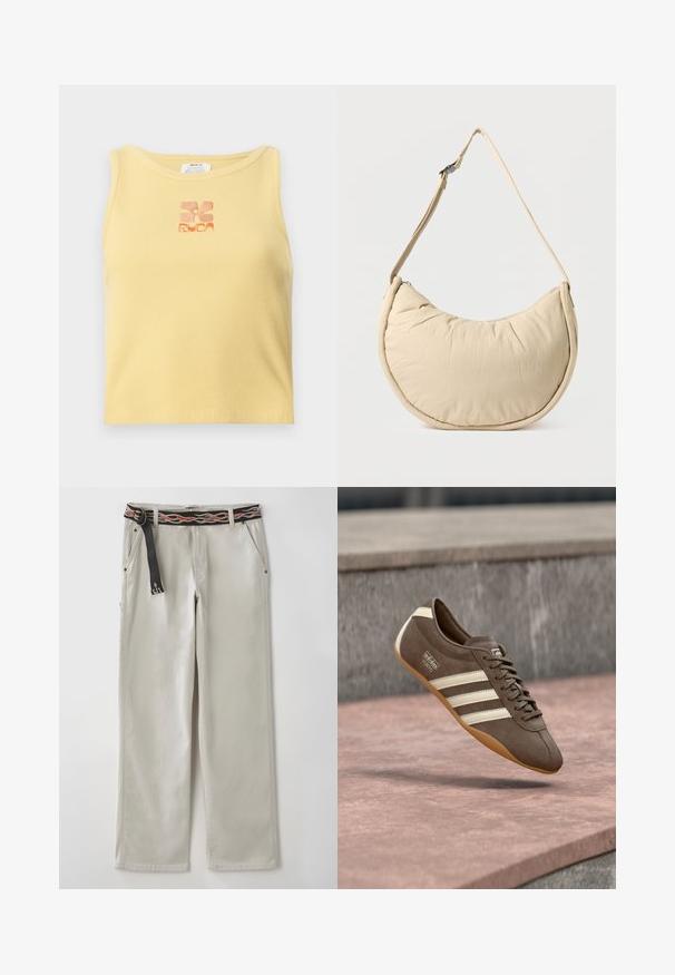 Débardeur jaune à côtes avec un petit logo floral brodé en orange au centre. Design simple, sans manches, avec un col rond.; Pantalons larges gris clair avec une ceinture noire ornée de motifs de flammes orange. Fabriqués en coton, avec des poches latérales et une silhouette décontractée.; Baskets en daim marron avec des rayures blanches et un logo, dotées d'un bout rond et d'une semelle en caoutchouc gomme, suspendues au-dessus d'une surface texturée.; Sac d'épaule beige en forme de demi-lune avec une texture douce et rembourrée. Comprend une bandoulière réglable et une fermeture éclair sur le bord supérieur.