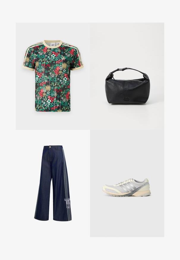 Μαύρο κοντομάνικο μπλουζάκι Adidas με πολύχρωμο floral σχέδιο, μπεζ γιακά, τελειώματα στα μανίκια και τρεις μπεζ ρίγες στους ώμους.; Σκούρο μπλε τζιν παντελόνι με φαρδιά μπατζάκια και γκρι ρίγες στο πλάι, κούμπωμα με κουμπιά, τσέπες μπροστά και ταμπελάκι με το λογότυπο της Adidas στο αριστερό πόδι.; Αντιολισθητικό αθλητικό παπούτσι σε ανοιχτό γκρι πλέγμα με ασημένιες λεπτομέρειες. Διαθέτει μαξιλαρωμένη σόλα, υφασμάτινο επάνω μέρος και λαστιχένια εξωτερική σόλα με καρφιά για πρόσφυση.; Μαύρη δερμάτινη τσάντα με στρογγυλή μορφή, διαθέτει κοντό χερούλι και κλείσιμο με φερμουάρ. Λογότυπο τυπωμένο στην πρόσοψη. Λείο υφή.