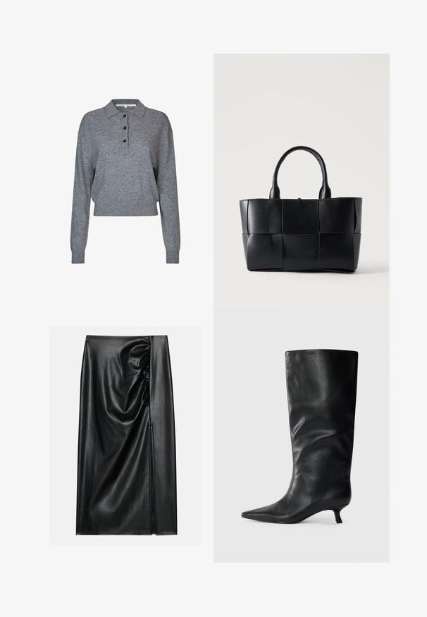 Grijze gebreide pullover met een kraag, drie zwarte knopen, lange mouwen en een korte onderrand. Zachte textuur en eenvoudige ontwerpelementen.; Zwarte leren rok met een soepele textuur, voorzien van een geplooid gedeelte aan één kant en een zijspleet voor extra detail.; Zwarte leren kniehoogte laars met een spitse neus en lage kittenheel, weergegeven op een effen lichte achtergrond.; Zwarte leren totebag met geweven grote vierkante panelen en twee afgeronde handvatten op een effen lichte achtergrond.