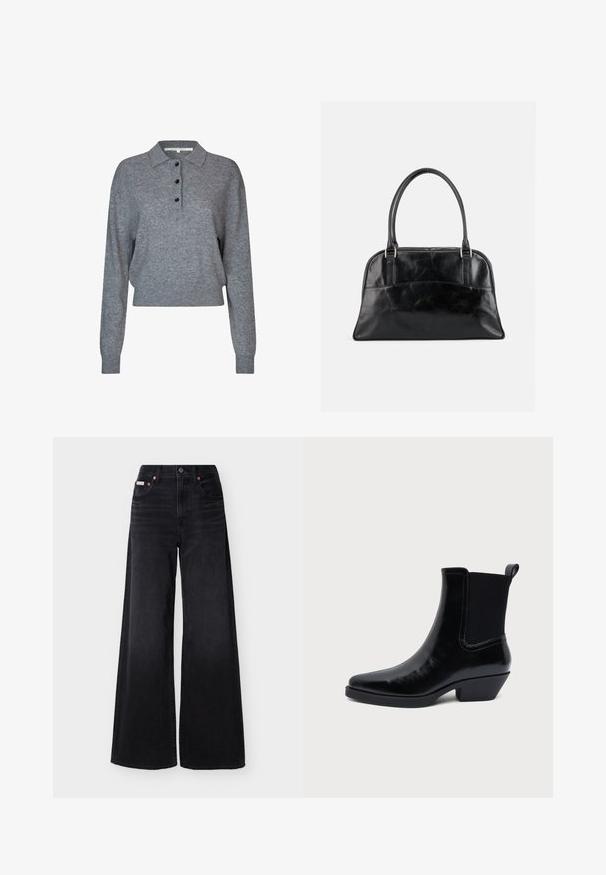 Grå strikket pullover med krave, tre sorte knapper, lange ærmer og cropped kant. Blødt tekstur og enkle design detaljer.; Sorte jeans med vide ben, høj talje, forreste knap og lynlås, bæltestropper og femlommedesign.; Sort læderankelstøvle med spids tå, lav blokhæl, elastisk ribbet sidepanel og bageste trækflig på hvid baggrund.; Sort læderhåndtaske med to afrundede øverste håndtag og en let buet frontlomme, vist mod en ensfarvet lys baggrund.