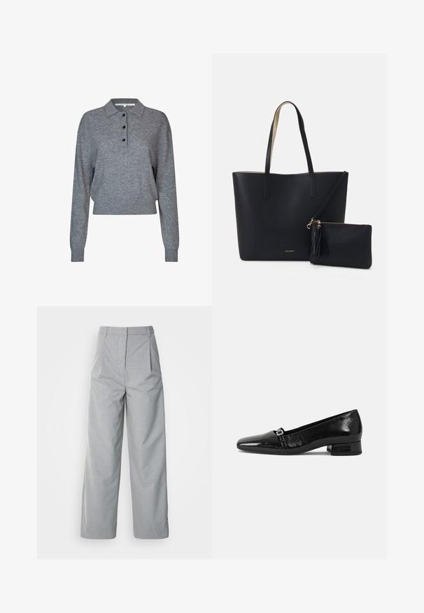 Grå strikket pullover med krave, tre sorte knapper, lange ærmer og cropped kant. Blødt tekstur og enkle design detaljer.; Grå bredebukser lavet af tekstureret stof, med høj talje, læg foran og en lige pasform ned til kanten.; Sorte patentlæder balletflade med spids tå, lav firkantet hæl og en lille metallisk spænde detalje på remmen. Glat tekstur.; Sort tote taske med struktureret materiale, to lange håndtag og en aftagelig lynlåspose med en frynse-detalje. Guld mærkelogo synligt.