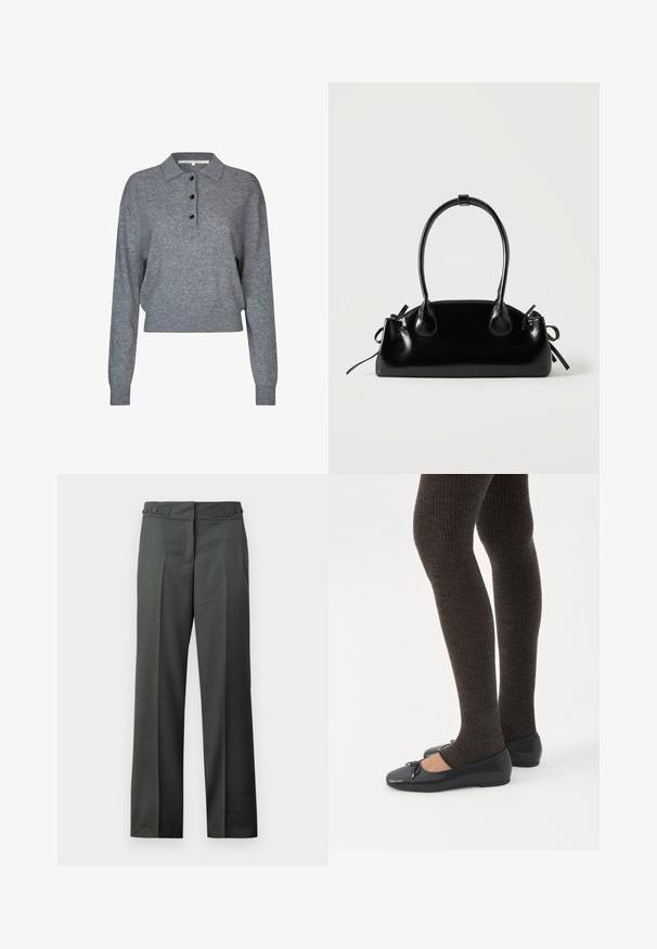 Grå strikket pullover med krave, tre sorte knapper, lange ærmer og cropped kant. Blødt tekstur og enkle design detaljer.; Mørkegrå bukser med lige ben, frontfolder og justerbar sidespænde ved taljen mod en hvid baggrund.; Ben iført mørke ribbede leggings kombineret med sorte balletsko med små sløjfedetaljer på hvid baggrund.; Lille sort blank håndtaske med to lange håndtag og snøre-detaljer i siden på en ensfarvet lys baggrund.