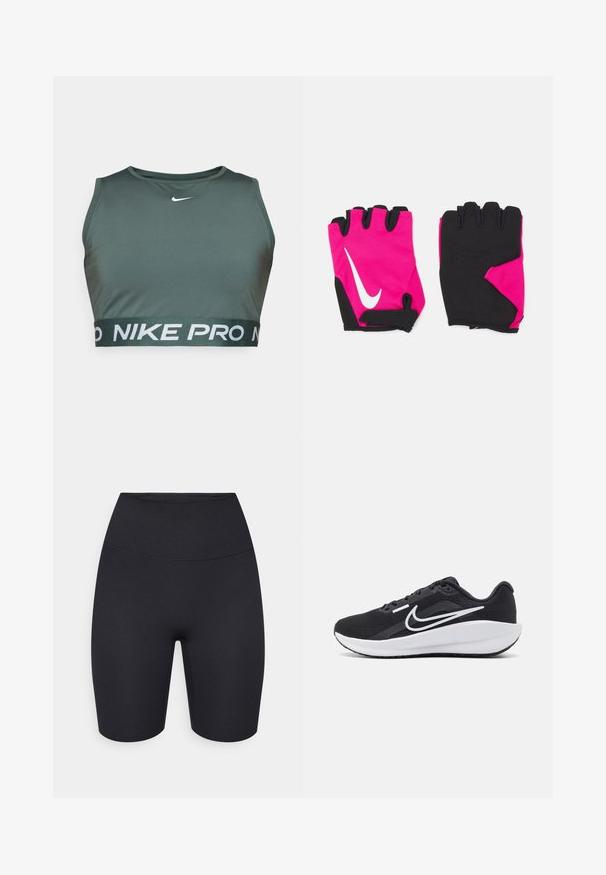 Zelený športový podprsenka vyrobená z hladkej tkaniny, s okrúhlym výstrihom a širokým elastickým pásom s bielym nápisom "NIKE PRO".; Čierne cyklistické šortky s vysokým pásom vyrobené z elastickej látky s hladkou textúrou bez viditeľnej kovovej výbavy alebo ozdôb.; Čierna športová obuv s sieťovinovým zvrškom, bielymi akcentmi, polstrovanou podrážkou a aerodynamickým dizajnom. Disponuje okrúhlou špičkou a plochou podrážkou.; Krátke ružové rukavice s čiernymi akcentmi, vybavené bielym logom Nike, polstrovanými dlaňami a bezprstovým dizajnom pre lepší úchop a flexibilitu.