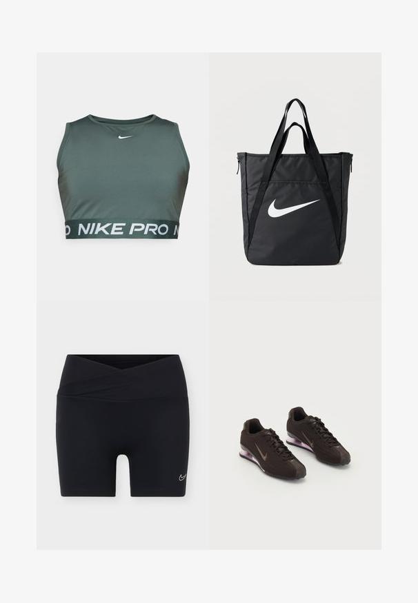 Zelený športový podprsenka vyrobená z hladkej tkaniny, s okrúhlym výstrihom a širokým elastickým pásom s bielym nápisom "NIKE PRO".; Čierne športové šortky s prekríženým pásom a malým bielym logom Nike swoosh na ľavej nohe na jednoliatom pozadí.; Čierne športové topánky s textúrovaným zvrškom, hnedými akcentmi a fialovou vzduchovo tlmenou podrážkou. Šnurovací dizajn s výrazným brandingom.; Čierna nylonová taška na rameno s dvomi popruhmi, s veľkým bielym logom Nike, zapínaním na zips a elegantným obdĺžnikovým dizajnom.