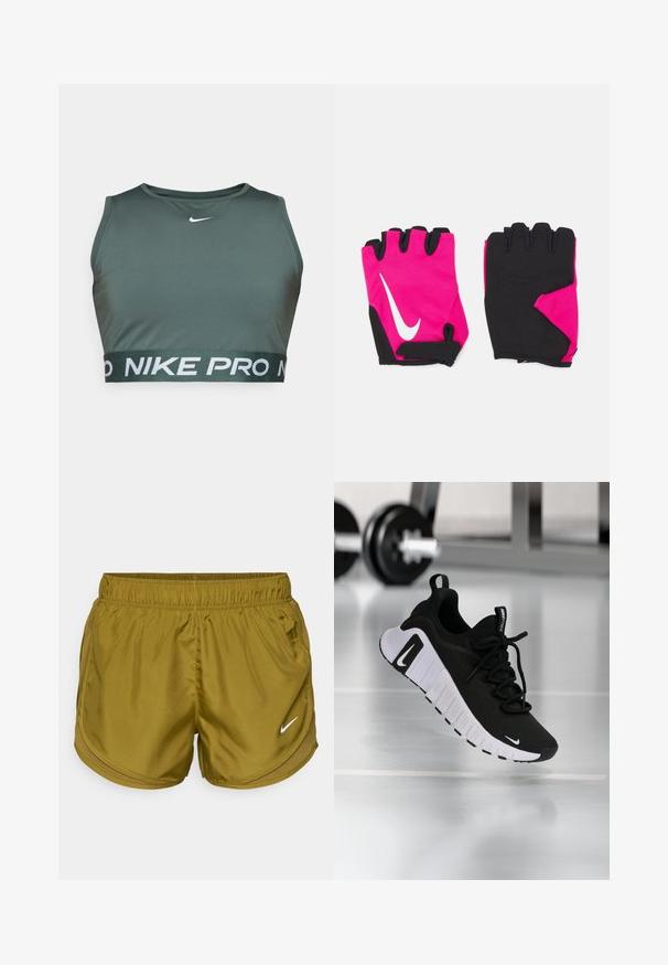 Groene sportbeha van gladde stof, met een ronde halslijn en een brede elastische band met "NIKE PRO" in witte letters.; Olijfgroene sportshorts van gladde stof, met een elastische tailleband en zijpanelen van mesh. Inclusief een wit Nike-logo.; Zwarte sportschoen met een textuurstof bovenwerk, witte zool en een opvallend vetersysteem. Voorzien van een Nike-logo en een zacht, gedempt ontwerp.; Korte roze handschoenen met zwarte accenten, voorzien van een wit Nike-logo, gewatteerde palmen en een vingerloos ontwerp voor verbeterde grip en flexibiliteit.