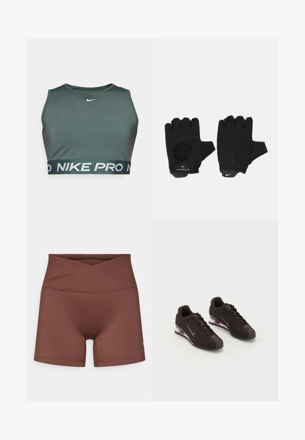 Grøn sportsbh lavet af glat stof, med rund halsudskæring og en bred elastisk kant med "NIKE PRO" i hvid skrift.; Brune atletikshorts med høj talje og krydset frontdesign. Fremstillet af glat, strækbart materiale. Har en lille logo på siden.; Sorte atletiksko med en tekstureret overdel, brune detaljer og en lilla luftfyldt sål. Snørebåndsdesign med fremtrædende branding.; Sorte fingerløse handsker med et tekstureret design. Lavet af et åndbart materiale, med en tommelfingeråbning og forstærket håndflade for bedre greb.