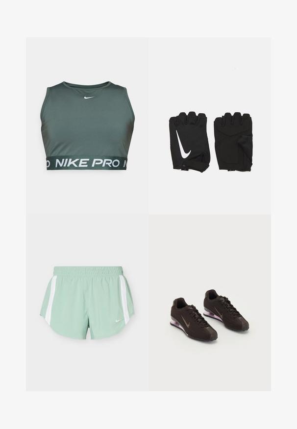 Groene sportbeha van gladde stof, met een ronde halslijn en een brede elastische band met "NIKE PRO" in witte letters.; Lichtgroene sportbroek met witte zijstrepen en een elastische tailleband, met een klein wit Nike-logo aan de voorkant.; Zwarte sportieve schoenen met een gestructureerde bovenkant, bruine accenten en een paarse air-cushion zool. Vetersluiting met opvallende merkvoering.; Zwarte vingerloze fitnesshandschoenen van ademend materiaal, met een wit Nike-logo, gevoerde handpalmen en een open polsontwerp voor flexibiliteit.