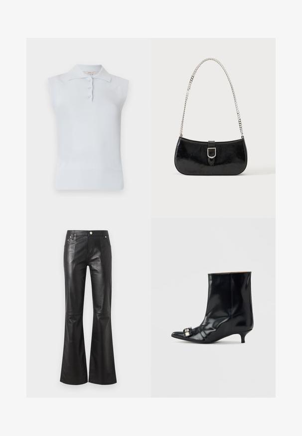 Top polo sans manches bleu clair avec un col traditionnel, patte de boutonnage à trois boutons et ourlet côtelé. Fabriqué en tissu lisse et doux.; Pantalon taille haute en simili cuir noir avec jambes évasées, fermeture devant par bouton et fermeture éclair, poches devant et derrière.; Bottine en cuir noir avec bout pointu, petit talon kitten bas et boucle décorative en argent sur le côté près de l'orteil.; Sac à épaule en cuir verni noir avec détail de boucle argentée et bandoulière en chaîne argentée, présenté sur un fond uni clair.