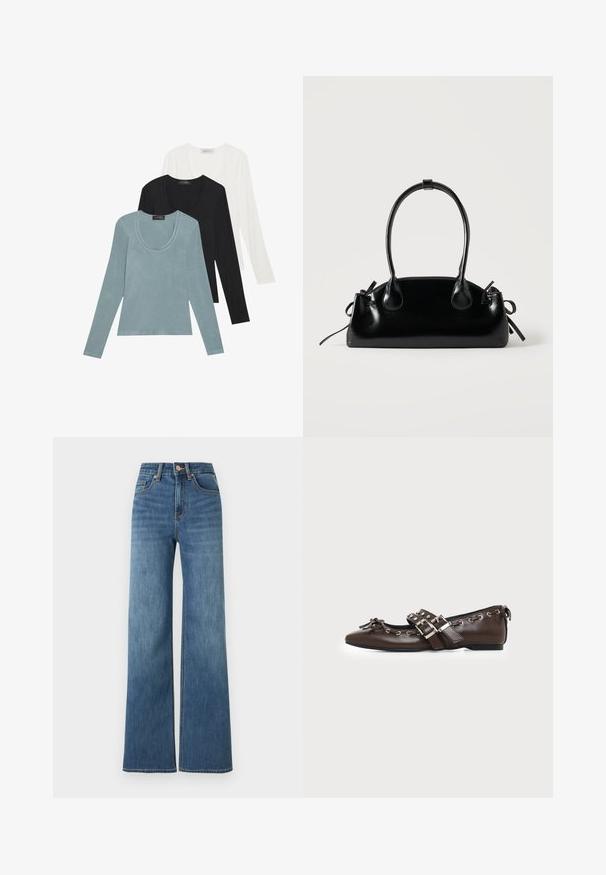 Tre langærmede toppe i lys blå, sort og hvid. Designet har en rund udskæring og en blød, let stoftekstur.; Mellemblå jeans med høj talje, vide ben, forreste lukning med knapper og lynlås og fem-lomme-stil.; Mørkebrune lædersko med flad sål og spids snude, dobbelt sølvsnørrebånd, metaløjer og dekorativ sløjfe foran.; Lille sort blank håndtaske med to lange håndtag og snøre-detaljer i siden på en ensfarvet lys baggrund.