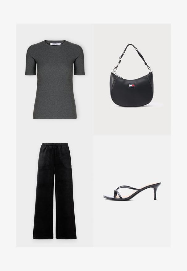 T-shirt tricoté gris foncé à manches courtes, col rond, coupe ajustée et design uni présenté sur fond blanc.; Pantalons larges noirs en tissu doux, avec une taille élastique et une texture lisse. Design simple sans motifs ni accents.; Sandale à talon en cuir verni noir avec fines lanières croisées et talon aiguille moyen et élancé sur fond blanc.; Sac épaule en cuir noir à la forme arrondie, avec des ferrures argentées et un patch logo visible aux couleurs bleu, rouge et blanc.