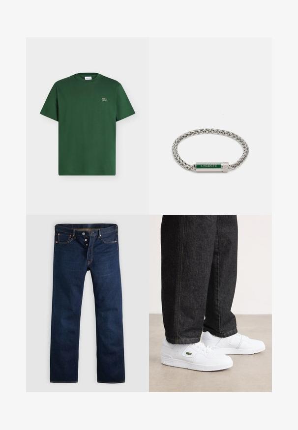 Camiseta de algodón de manga corta en verde oscuro con cuello redondo y pequeño logo del cocodrilo de Lacoste en el pecho izquierdo.; Vaqueros de mezclilla de color azul oscuro con corte recto, cinco bolsillos y costuras doradas. Presentan una bragueta con botones y remaches de cobre. Textura suave.; Zapatillas blancas de cuero, con puntera perforada, diseño minimalista y logo de Lacoste. Llevadas con pantalones de mezclilla oscuros.; Lacoste SPELT - Pulsera - silver-coloured