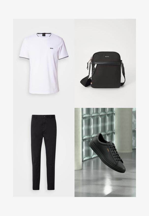 Witte katoenen t-shirt met korte mouwen, voorzien van een ronde halslijn en zwarte strepen op de kraag en mouwranden. Klein "BOSS" logo op de borst.; Zwarte chino's met een gladde textuur, knoopsluiting en tapere ontwerp. Ideaal voor casual of semi-formele gelegenheden.; Zwarte lage leren sneaker met zwarte veters en gouden BOSS-logo aan de zijkant, zwevend boven glanzende grijze vloer in een moderne binnenruimte.; Zwarte schoudertas van textuurstof, met logo aan de voorkant, ritssluiting en verstelbare schouderband. Voorzien van een gladde leren rand.