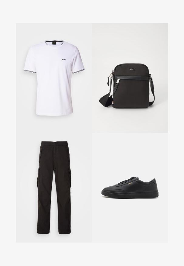 Weißes Baumwoll-T-Shirt mit kurzen Ärmeln, das über einen runden Halsausschnitt und schwarze Streifen am Kragen und den Ärmelabschlüssen verfügt. Kleines "BOSS"-Logo auf der Brust.; Schwarze Cargo-Hose mit geradem Schnitt, elastischem Bund, mehreren Seitentaschen und einem strukturierten Stoff für hohe Langlebigkeit.; Schwarze Leder-Sneaker mit glatter Textur, runder Zehenpartie, flacher Gummisohle und einfarbigen Schnürsenkeln. Mit goldfarbenem "BOSS" Logo an der Seite.; Schwarze Umhängetasche aus strukturiertem Stoff, mit Logo auf der Vorderseite, Reißverschluss und verstellbarem Tragegurt. Verfügt über eine glatte Lederbesatz.