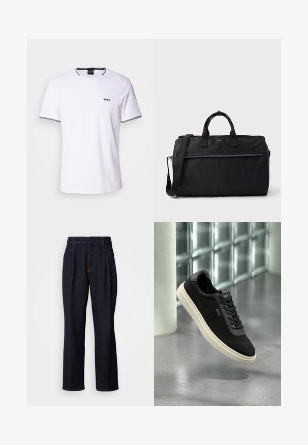 Hvid bomulds t-shirt med korte ærmer, der har en rund halsudskæring og sorte striber på kraven og ærmeenderne. Lille "BOSS" logo på brystet.; Mørkeblå vidde denim jeans med frontfældninger og orange syninger, vist på hvid baggrund.; Sort lav sko med hvid sål, mesh-stof, læderdetaljer og "BOSS"-logo på siden, vist mod en baggrund af glasblokke.; Sort rektangulær rejsetaske med dobbelte håndtag, justerbar skulderrem, frontlomme med lynlås og lille "BOSS" logo foran.