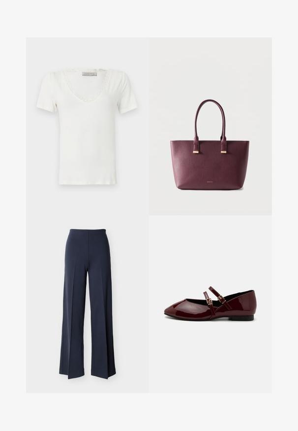 Haut blanc à manches courtes avec col en V bordé de dentelle, étiquette Anna Field, présenté sur un fond uni.; Pantalon large bleu marine avec fentes latérales, taille haute et devant lisse, présenté sur un fond blanc.; Anna Field Babies - dark red; Sac fourre-tout en cuir violet foncé avec deux poignées et petit logo de marque doré sur le devant, posé sur un fond clair uni.