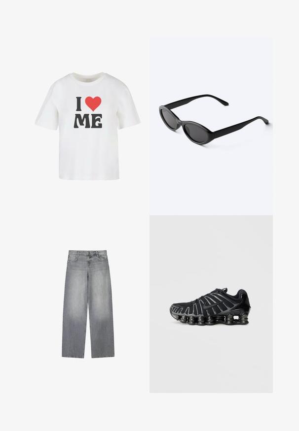 Hvid bomulds t-shirt med korte ærmer, med fed sort tekst "I," et rødt hjerte, og "ME" i en uformel skrifttype.; Bredde-grå denim jeans med en let falmet finish, der har fem lommer, lukning med knap foran og bæltestropper.; Sort sportssko med en tekstureret mesh-overdel og en karakteristisk klodset sål med afrundede sektioner. Snørebånd og forstærket hæl for støtte.; Slanke sorte ovale solbriller med mørke linser og lige arme, hvilende på en hvid overflade.