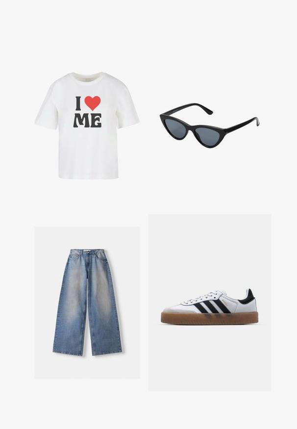 Hvid bomulds t-shirt med korte ærmer, med fed sort tekst "I," et rødt hjerte, og "ME" i en uformel skrifttype.; Bredde ben blå denim jeans med høj talje og falmede detaljer, lagt fladt på hvid baggrund.; Hvide lædersneakers med sorte striber, gummirubber sål, rund tå, snørelukning og blød grå ruskinds tåhætte.; Sorte katteøje solbriller med mørkegrå linser, slankt plastisk stel, spidse hjørner og lige stænger. Ingen synlig hardware eller dekorationer.