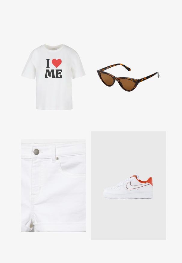 Hvid bomulds t-shirt med korte ærmer, med fed sort tekst "I," et rødt hjerte, og "ME" i en uformel skrifttype.; Hvide denimshorts med metal knap, bæltestrop, frontlomme og rullet kantdetalje på en ensfarvet baggrund.; Hvid lædersneaker med orange accenter, tekstureret gummisål, perforeringsdetalje på tåboksen og klassisk Nike Swoosh-logo i rødt.; Kat-ejede solbriller med en sort og orange skildpaddemønstret stel, brune linser og slanke, spidse ender. Har et minimalistisk logo på skabelsen.