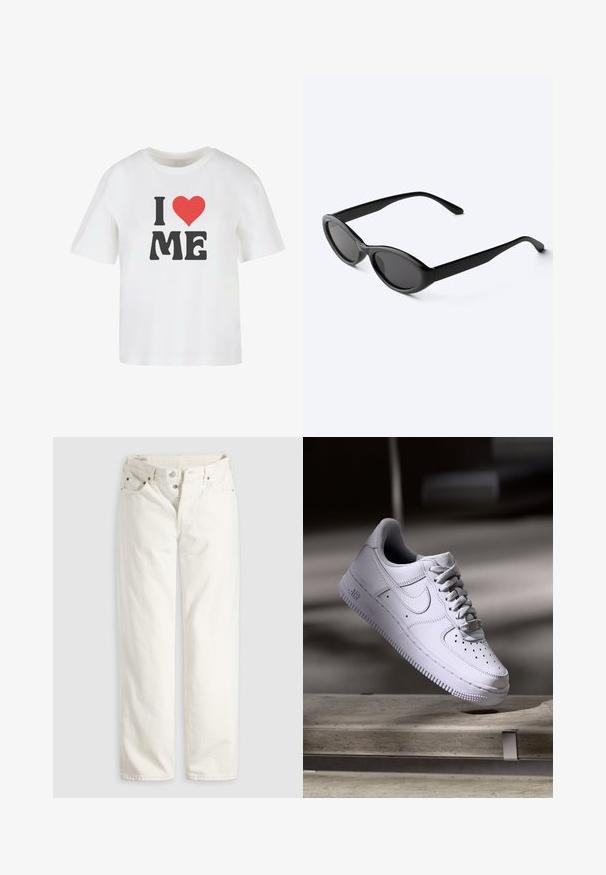 Hvid bomulds t-shirt med korte ærmer, med fed sort tekst "I," et rødt hjerte, og "ME" i en uformel skrifttype.; Hvide jeans med høj talje, lige ben, knaplukning, lommer foran og bagpå samt synlige kobbernitter i lommekanterne.; Hvid Nike Air Force 1 sneaker svævende over en betonoverflade med skygger i et minimalistisk miljø.; Slanke sorte ovale solbriller med mørke linser og lige arme, hvilende på en hvid overflade.