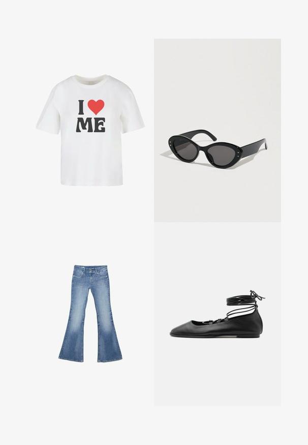 Weißes Baumwoll-T-Shirt mit kurzen Ärmeln, das in fetter schwarzer Schrift "I," ein rotes Herz und "ME" in einer informellen Schriftart zeigt.; Hellblaue Jeans aus Denim mit weitem Schlag, aufgesetzten Fronttaschen und Doppelknopfverschluss vor weißem Hintergrund.; Schwarzer flacher Ballettschuh aus Leder mit spitzer Kappe, mehreren dünnen Riemen über dem Spann und Schnürsenkeln, die um den Knöchel gewickelt sind.; Schwarze Sonnenbrille mit übergroßer Cat-Eye-Form. Glatte Kunststofffassung mit dunklen Gläsern und kleinen Sternakzenten an den Seiten.