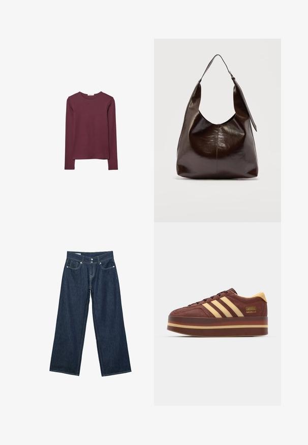 T-shirt à manches longues en bordeaux, fabriqué en tissu doux. Présente un col rond et une coupe droite avec un ourlet arrière légèrement plus long.; Jeans en denim bleu foncé à jambes larges avec fermeture à double bouton, poches avant et surpiqûres contrastantes sur fond blanc.; Sneakers en daim marron avec des accents jaunes, comportant trois bandes latérales, une semelle épaisse et un détail de logo doré.; Sac à bandoulière en cuir marron foncé brillant avec une seule large sangle et un détail de boucle sur un côté, posé sur un fond clair uni.