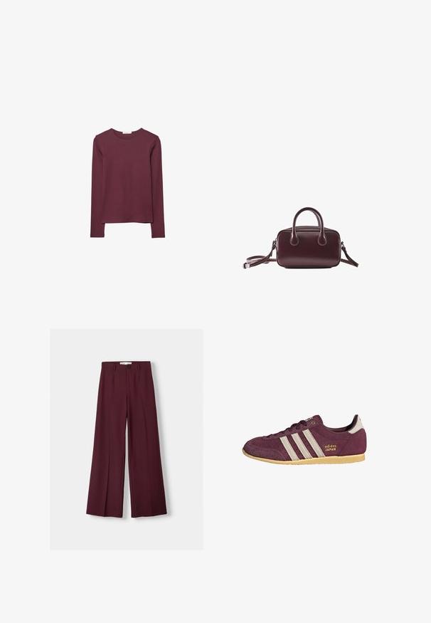 T-shirt à manches longues en bordeaux, fabriqué en tissu doux. Présente un col rond et une coupe droite avec un ourlet arrière légèrement plus long.; Pantalon large bourgogne en tissu lisse, doté d'une fermeture à bouton sur le devant et de plis nets pour une allure soignée.; Baskets en daim bordeaux avec trois bandes horizontales crème, logo doré "adidas JAPAN" et semelle extérieure en gomme texturée.; Petit sac à main en cuir brun foncé avec doubles poignées et une bandoulière amovible sur fond blanc.