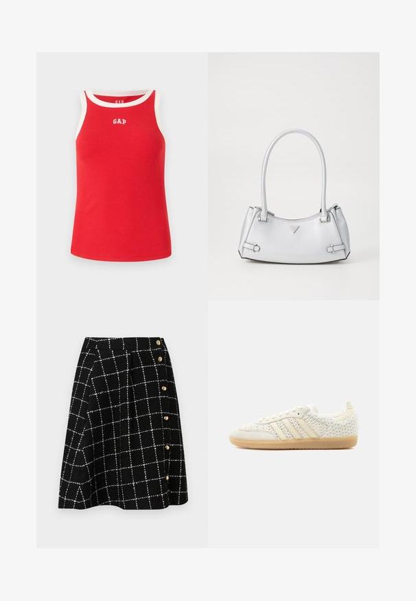 Rød ribbet tanktop med hvidt trim og GAP-logo på brystet. Ærmeløs design, afslappet pasform, lavet af blødt bomuldsstof.; Sort tweed nederdel med et hvidt rutenet mønster, en udvidet design og guldknapdetaljer på siden.; Hvid lavtop-sneaker med tekstureret vævet stof, beige læderstriber og gummisål, vist fra ydersiden mod en ensfarvet baggrund.; Sølv håndtaske med et struktureret design, der har to håndtag, en skinnende overflade, accenthardware og et trekantet logo på fronten.