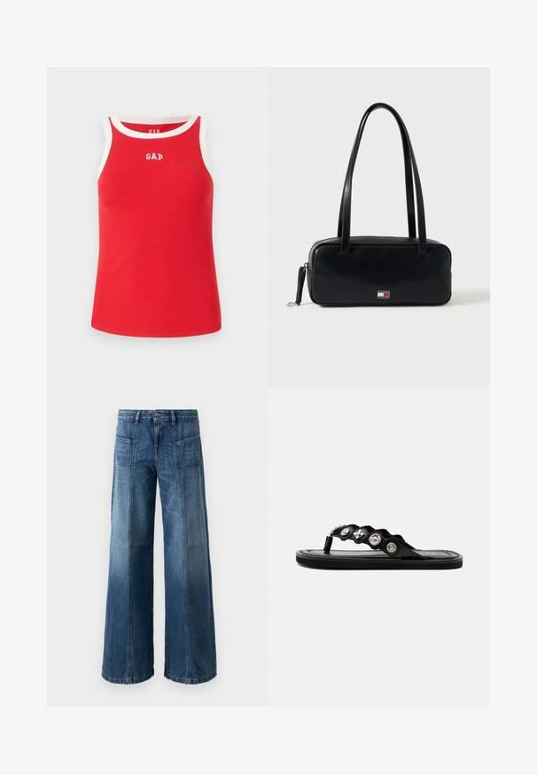 Rød ribbet tanktop med hvidt trim og GAP-logo på brystet. Ærmeløs design, afslappet pasform, lavet af blødt bomuldsstof.; Videbenet jeans i en falmet blå denim. Har fem lommer, en knap- og lynlås-lukning, synlige syninger og en løs pasform.; Sort flad thongsandal med dekorative sølvnitter på den bølgede øverste rem og en glat sål.; Sort læderhåndtaske med rektangulær form, flad bund, to skulderremme og en lille logodetalje foran. Glat tekstur.