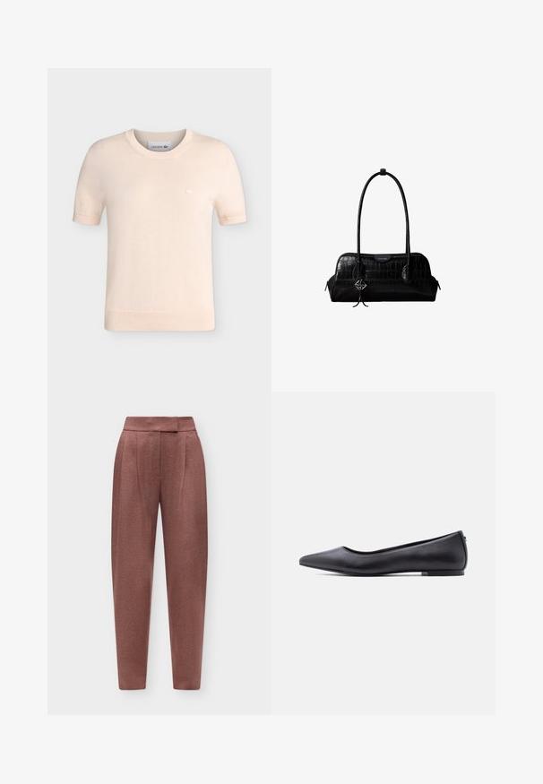 Chemise en maille beige à manches courtes avec col rond, poignets et ourlet côtelés, avec un petit logo crocodile Lacoste brodé sur la poitrine.; Pantalon taille haute fuselé couleur rose poudré avec un devant plat et une fermeture cachée, présenté sur un fond clair uni.; Chaussure plate en cuir noire à bout pointu avec petit talon, vue de profil sur fond blanc.; Sac à épaule en cuir noir à texture crocodile, avec de longues sangles et un petit charm logo argenté sur une sangle.