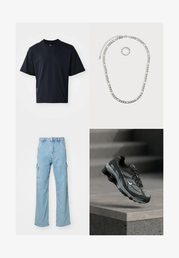 Schwarzes Kurzarm-T-Shirt aus Baumwolle mit einem klassischen Rundhalsausschnitt und einem kleinen bunten Logodetail an der Seite.; Helle blaue Denim-Cargohosen mit weitem Bein, ausgestattet mit zwei seitlichen Cargotaschen und einem klassischen Knopfverschluss. Strukturierter Stoff mit ausgewaschenem Finish.; Grauer und schwarzer Sportschuh mit Netzpaneelen und dicker Sohle, schwebend in der Luft über einer Betonmauer mit Treppen im Hintergrund.; Silberfarbener Schmuckset mit einer dicken Kettenhalskette mit einem Karabinerverschluss und einem passenden strukturierten Ring. Beide Teile sind glänzend und metallisch.