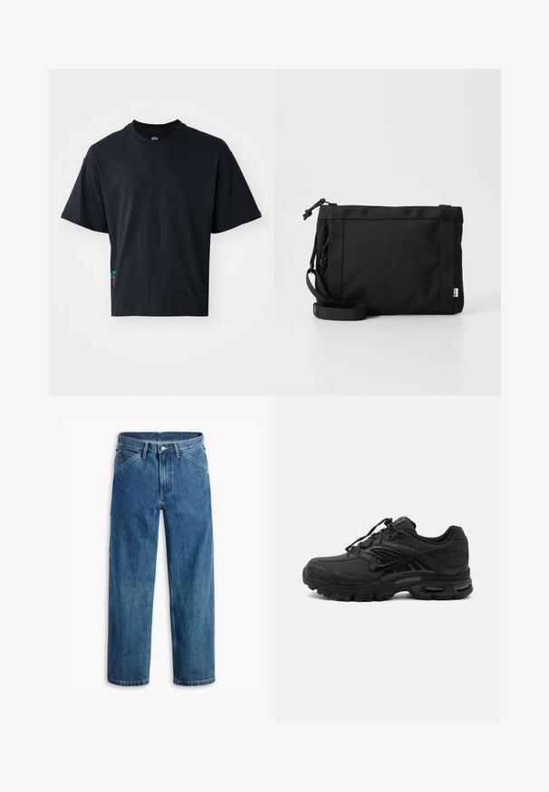 Schwarzes Kurzarm-T-Shirt aus Baumwolle mit einem klassischen Rundhalsausschnitt und einem kleinen bunten Logodetail an der Seite.; Blaue Jeans mit geradem Bein, Vordertaschen, Gürtelschlaufen, Metallknopf und Reißverschluss auf weißem Hintergrund.; Schwarzer athletischer Sneaker mit strukturiertem Stoff, dicker gepolsterter Sohle, Luftauslässen und Schnürverschluss, von der Seite auf hellem Hintergrund gezeigt.; Schwarze Stoff-Schultertasche mit texturiertem Äußeren, verstellbarem Schultergurt und Kordelzugverschluss. Verfügt über auffällige Nähte und ein seitliches Etikett.