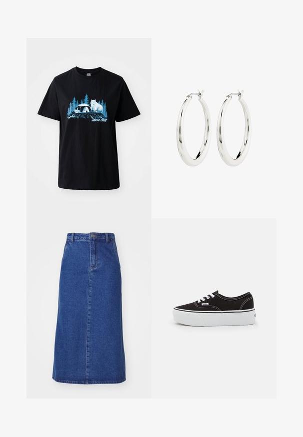 Schwarzes Baumwoll-T-Shirt mit einem blauen Grafikdruck eines Bären und eines Pandas vor einem Hintergrund mit Bäumen. Kurzärmlig und mit rundem Ausschnitt.; Dunkelblauem Denim-Rock mit tailliertem Bund, gerader Silhouette und vorderen Nähten, mit einem Saum, der unter dem Knie endet.; Schwarze Leinensneaker mit einer weißen Gummiplattformsohle, weißen Schnürsenkeln und Nähten, ikonischer Markenaufdruck an der Seite, im Low-Top-Design.; Silberne Creolen mit einer glatten, glänzenden Oberfläche. Kreisform, ausgestattet mit einem sicheren Verschluss. Einfaches und elegantes Design.