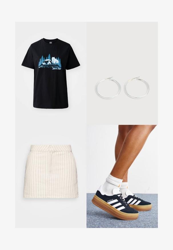 Schwarzes Baumwoll-T-Shirt mit einem blauen Grafikdruck eines Bären und eines Pandas vor einem Hintergrund mit Bäumen. Kurzärmlig und mit rundem Ausschnitt.; Cremfarbener Rock mit dünnen roten vertikalen Streifen, der ein tailliertes Design und einen geraden Saum aufweist. Hergestellt aus einem leichten Stoff.; Beine mit weißen Socken und schwarzen Adidas Gazelle Sneakers mit weißen Streifen und dicken braunen Sohlen auf einem grauen Teppichboden.; Paar glänzende silberne Creolen mit dünnen Drahtverschlüssen, dargestellt vor einem hellgrauen Hintergrund.