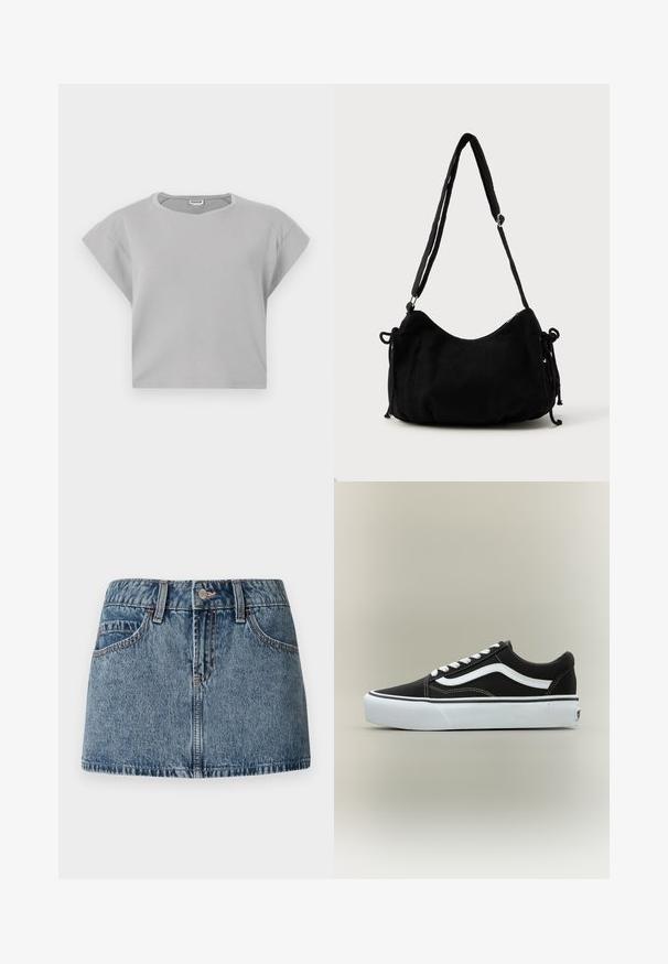 Lys grå cropped sweatshirt med korte, rullede ærmer, rund halslinje og subtile sømdetaljer. Fremstillet af blødt, åndbart stof.; Denim mini nederdel i middelblå vask, med en tætsiddende talje, forlommer og subtile syninger. Glat, struktureret stoffinish.; Lavtop sort sneaker med hvid side stribe, hvide snørebånd, hvid gummisål og tekstureret tåhætte på neutral baggrund.; Sort kordfløjls skuldertaske med en buet form, justerbar strop og snorelukninger på begge sider til størrelsejustering.