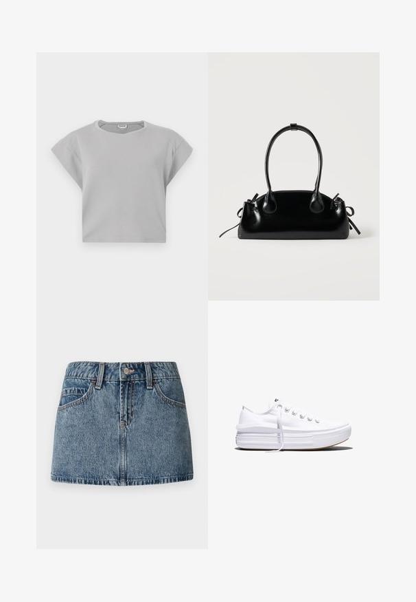 Lys grå cropped sweatshirt med korte, rullede ærmer, rund halslinje og subtile sømdetaljer. Fremstillet af blødt, åndbart stof.; Denim mini nederdel i middelblå vask, med en tætsiddende talje, forlommer og subtile syninger. Glat, struktureret stoffinish.; Hvid lavt snørestøvle med tyk plateau-sål, snørelukning foran og gummiforstærket tåkap, set i sideprofil.; Lille sort blank håndtaske med to lange håndtag og snøre-detaljer i siden på en ensfarvet lys baggrund.
