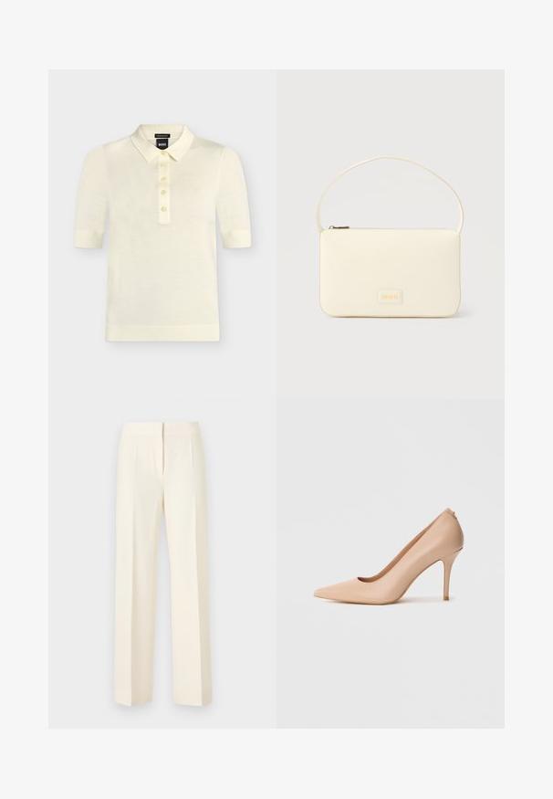 Polo crème à manches courtes avec cinq boutons, poignets et ourlet côtelés, col pointu, étiquette de la marque visible à l'intérieur du col.; Pantalon droit sur mesure couleur blanc cassé avec pli avant, ceinture et fermeture avant dissimulée sur un fond uni.; Escarpin à talon haut en cuir beige avec un bout pointu, une texture lisse et un talon aiguille fin. Design minimaliste avec un style à enfiler.; Sac à main rectangulaire de couleur crème avec une seule sangle et une fermeture éclair sur le dessus, comportant une petite plaque de logo embossé à l'avant.