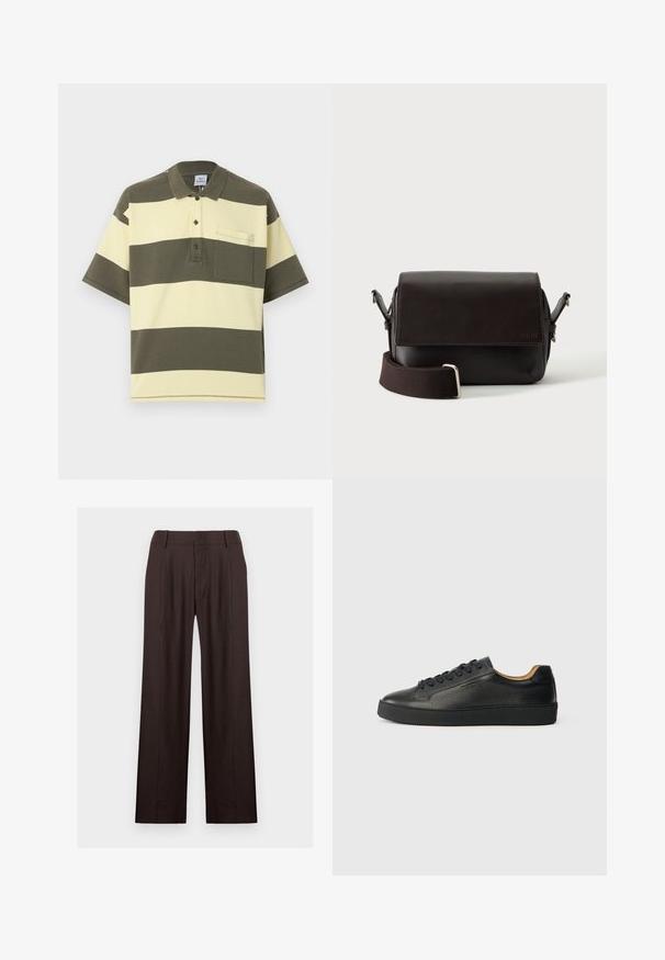 Polo à manches courtes avec larges rayures horizontales vert olive et blanc cassé, poche poitrine et patte de boutonnage.; Pantalon droit marron foncé pour femme avec passants pour ceinture et fermeture éclair à l'avant, présenté sur un fond clair uni.; Baskets basses en cuir noir avec surface texturée, lacets noirs et semelle en caoutchouc épaisse, présentées de côté sur un fond clair.; Sac bandoulière en cuir marron foncé avec fermeture à rabat et sangle en tissu réglable sur fond blanc.