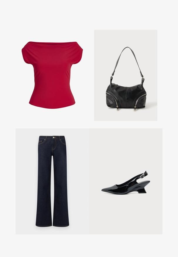 Red off-the-shoulder fitted short-sleeve top with a folded neckline and smooth fabric texture.; Dark blue wide-leg denim jeans with front pockets, button and zipper closure, and visible contrast stitching.; Black patent leather slingback shoe with pointed toe and low angled block heel on plain light background.; Black leather shoulder bag with two diagonal silver zippers on front and a single wide strap.