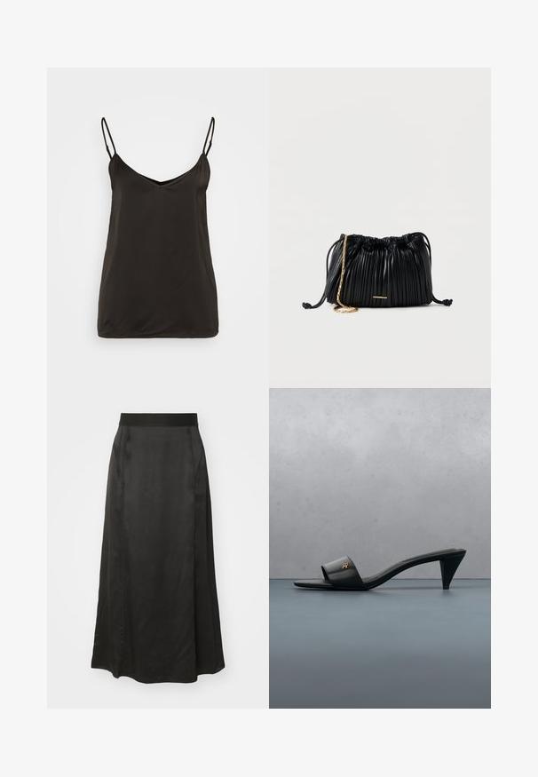 Camisole en satin noir avec des bretelles spaghetti réglables, un décolleté en V et un design lisse et minimaliste. Pas de motifs ni de matériel visible.; Jupe maxi en satin noir avec une texture lisse, taille élastique et coutures latérales. Le design longueur sol améliore le mouvement et la fluidité.; Sandale à talon ouverte en cuir noir avec un logo doré sur la bride, flottant au-dessus d'une surface extérieure carrelée avec de la verdure en arrière-plan.; Sac à main en cuir noir plissé avec cordon de serrage, bandoulière chaîne dorée et petit accent horizontal doré sur le devant.